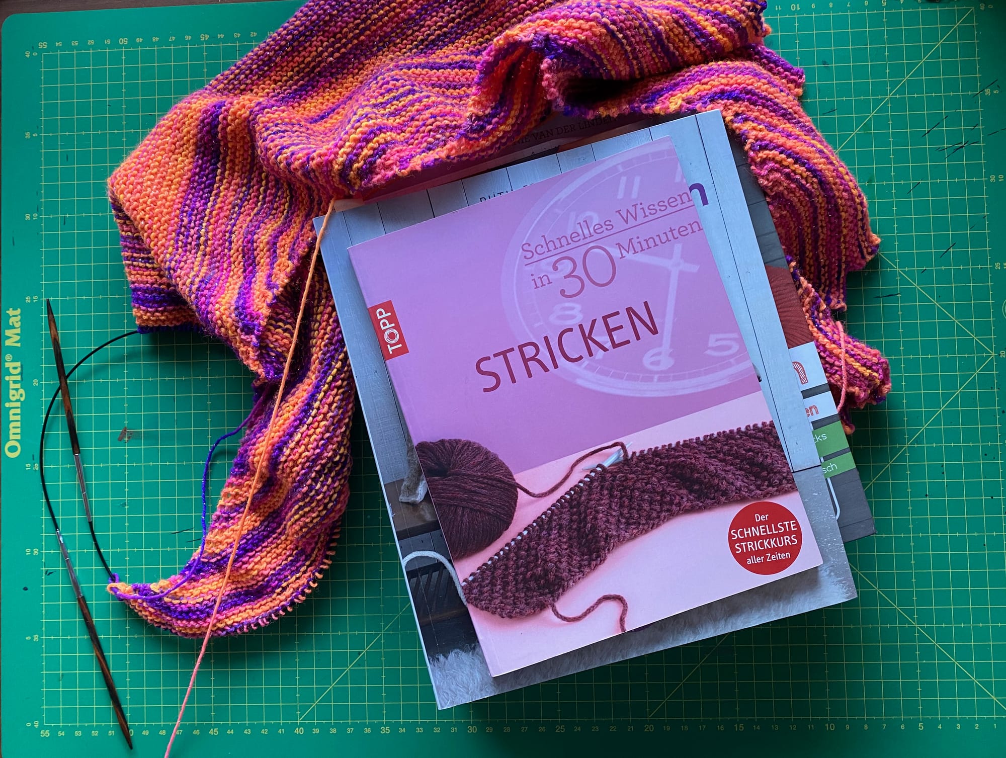 Ein Buch von oben fotografiert. Das Buch liegt auf einer Schneidematte und als Deko wurde ein gestrickter Schal um das Buch drapiert. Der Titel des Buches ist "Schnelles Wissen in 30 Minuten: Stricken"