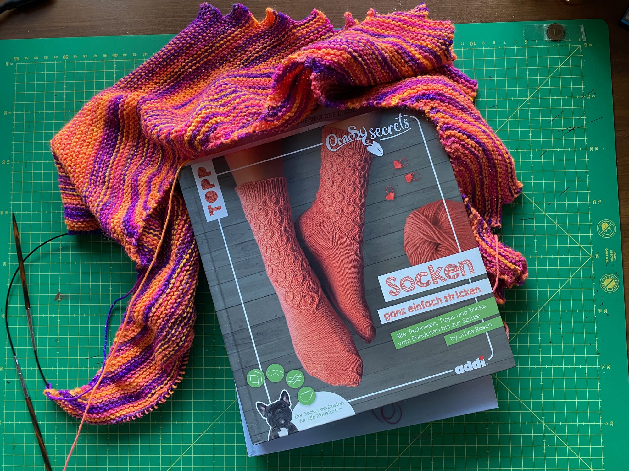 Ein Buch von oben fotografiert. Das Buch liegt auf einer Schneidematte und als Deko wurde ein gestrickter Schal um das Buch drapiert. Der Titel des Buches ist "Socken ganz einfach stricken"