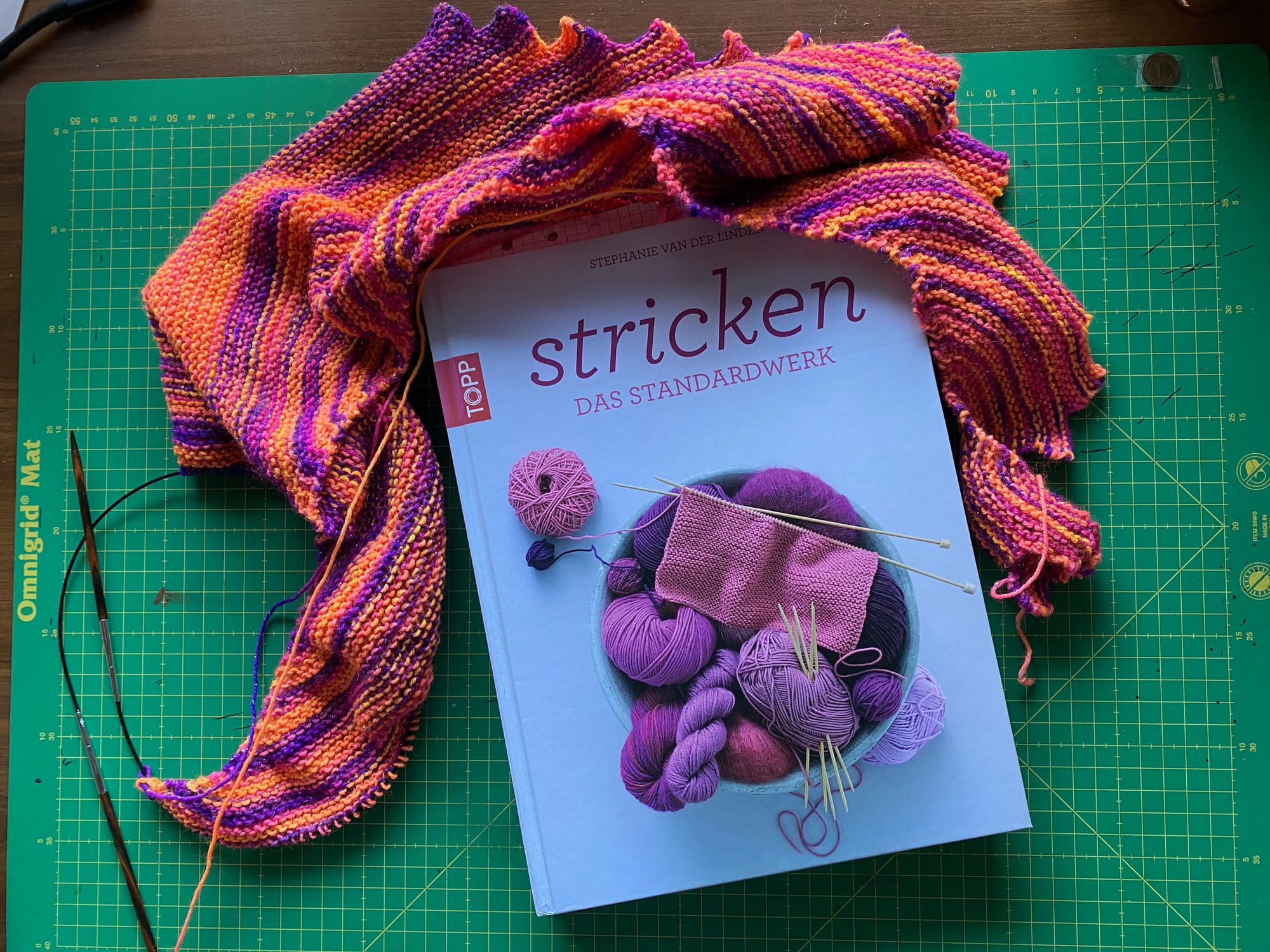 Ein Buch von oben fotografiert. Das Buch liegt auf einer Schneidematte und als Deko wurde ein gestrickter Schal um das Buch drapiert. Der Titel des Buches ist "Stricken. Das Standardwerk"