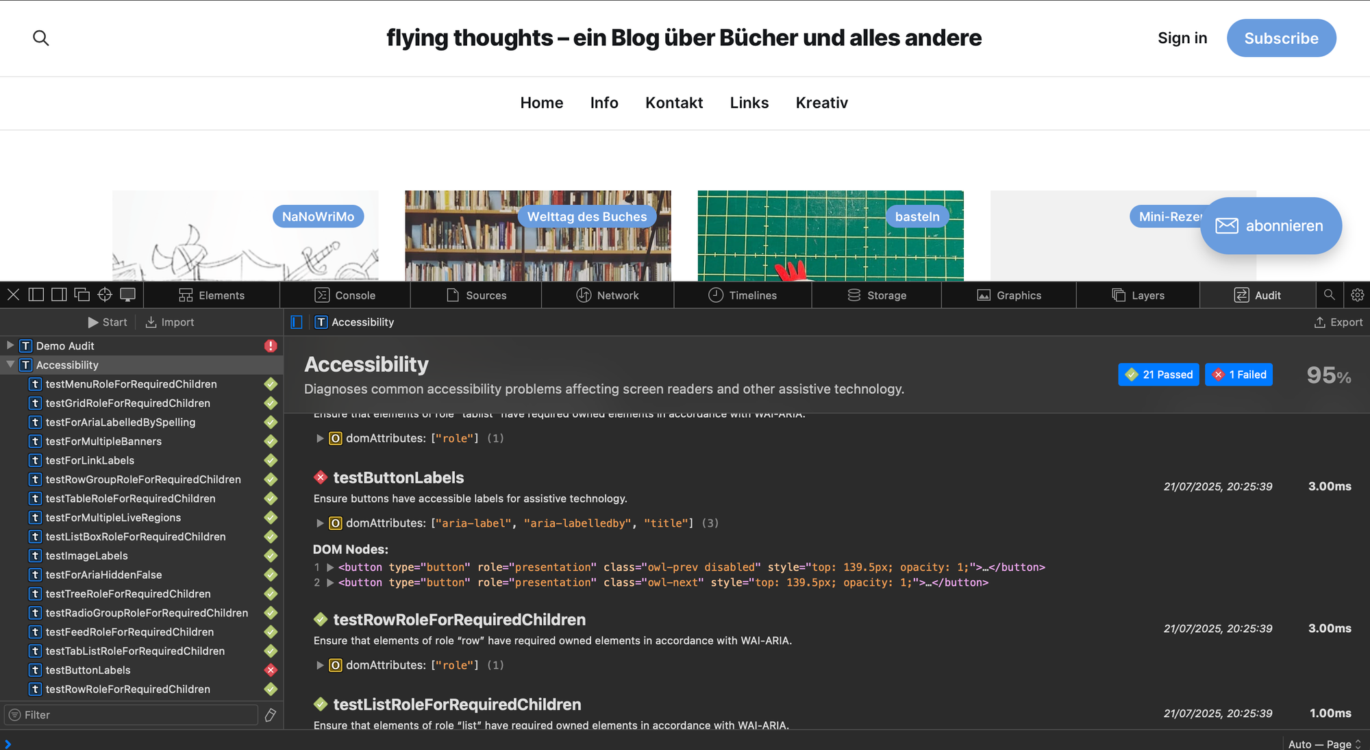 Developer Tools in der unteren Hälfte und dem Blog flying-thoughts.de in der oberen Hälfte.