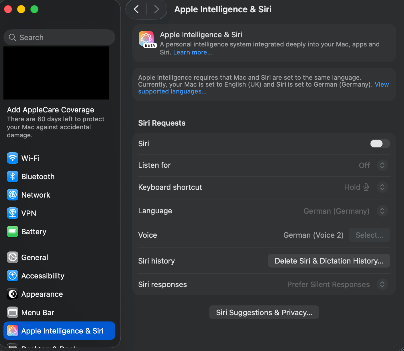 Screenshot der Einstellungen von Apple Intelligence & Siri