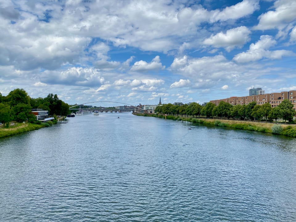 das Bild zeigt einen Fluss, aufgenommen von einer Brücke über dem Fluss. Links und rechts sind Bäume. Der Himmel ist bewölkt,