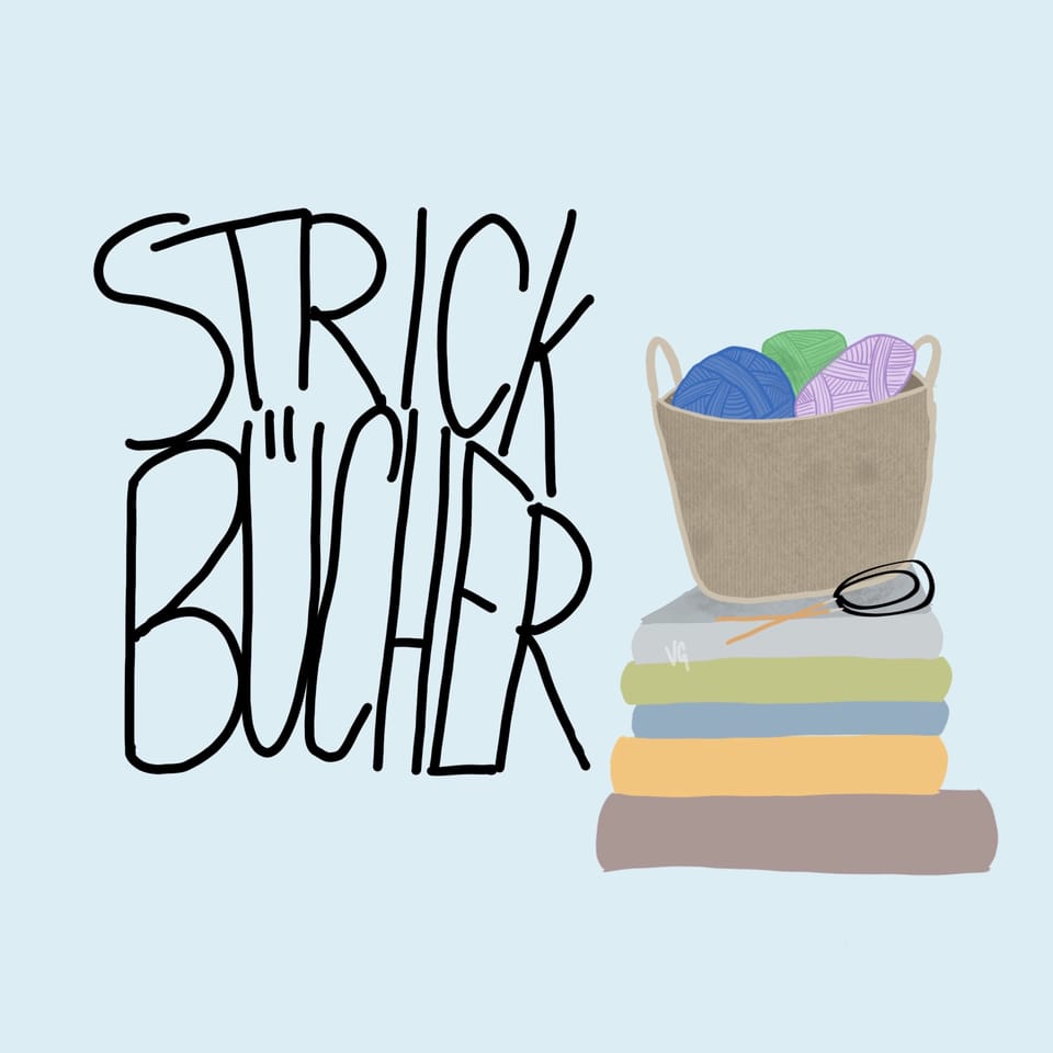 Illustration von einem Korb mit Wolle. Der Korb steht auf einem Stapel Bücher. Neben dem Stapel steht "Strickbücher"