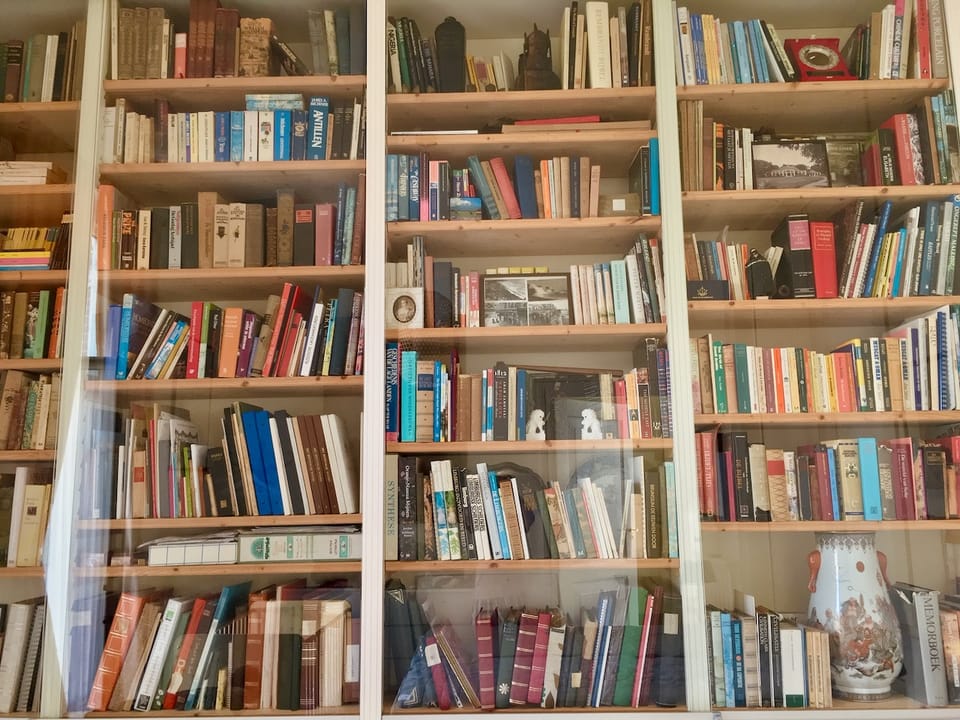 volles Bücherregal, in dem Bücher verschiedener Dicke und Größe nebeneinander stehen und aneinander lehnen
